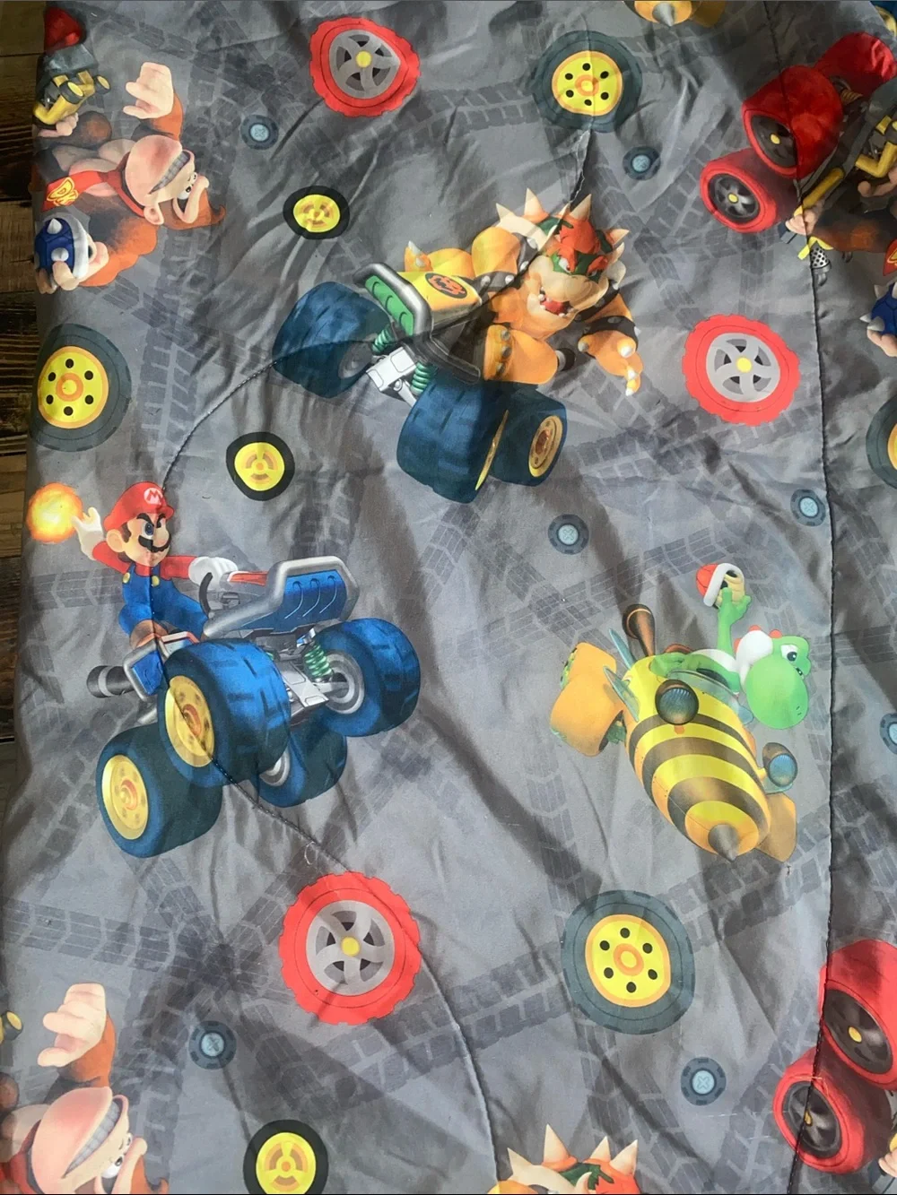 Nintendo double sided Blue Mario Kart twin Comforter with Red & Gray Accents